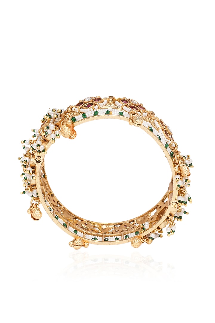 Gold Plated Red & Green Stone Bangles (Set Of 2) by Preeti Mohan at Pernia's Pop Up Shop