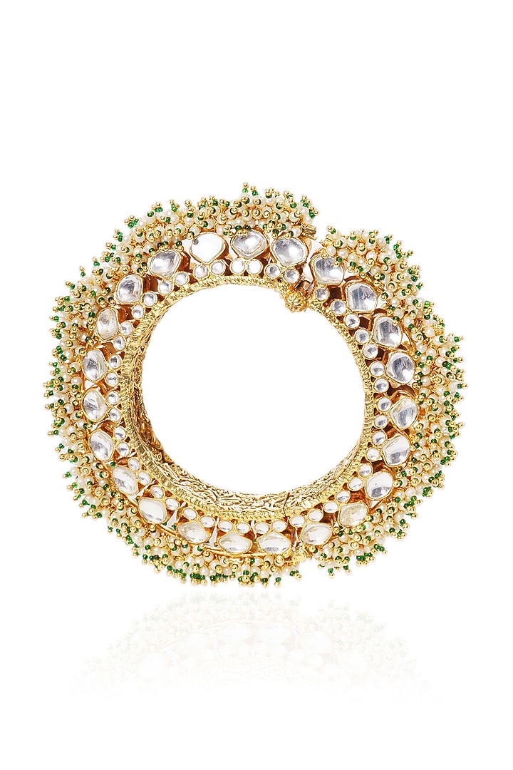 Gold Plated White & Green Stone Bangles (Set Of 2) by Preeti Mohan at Pernia's Pop Up Shop