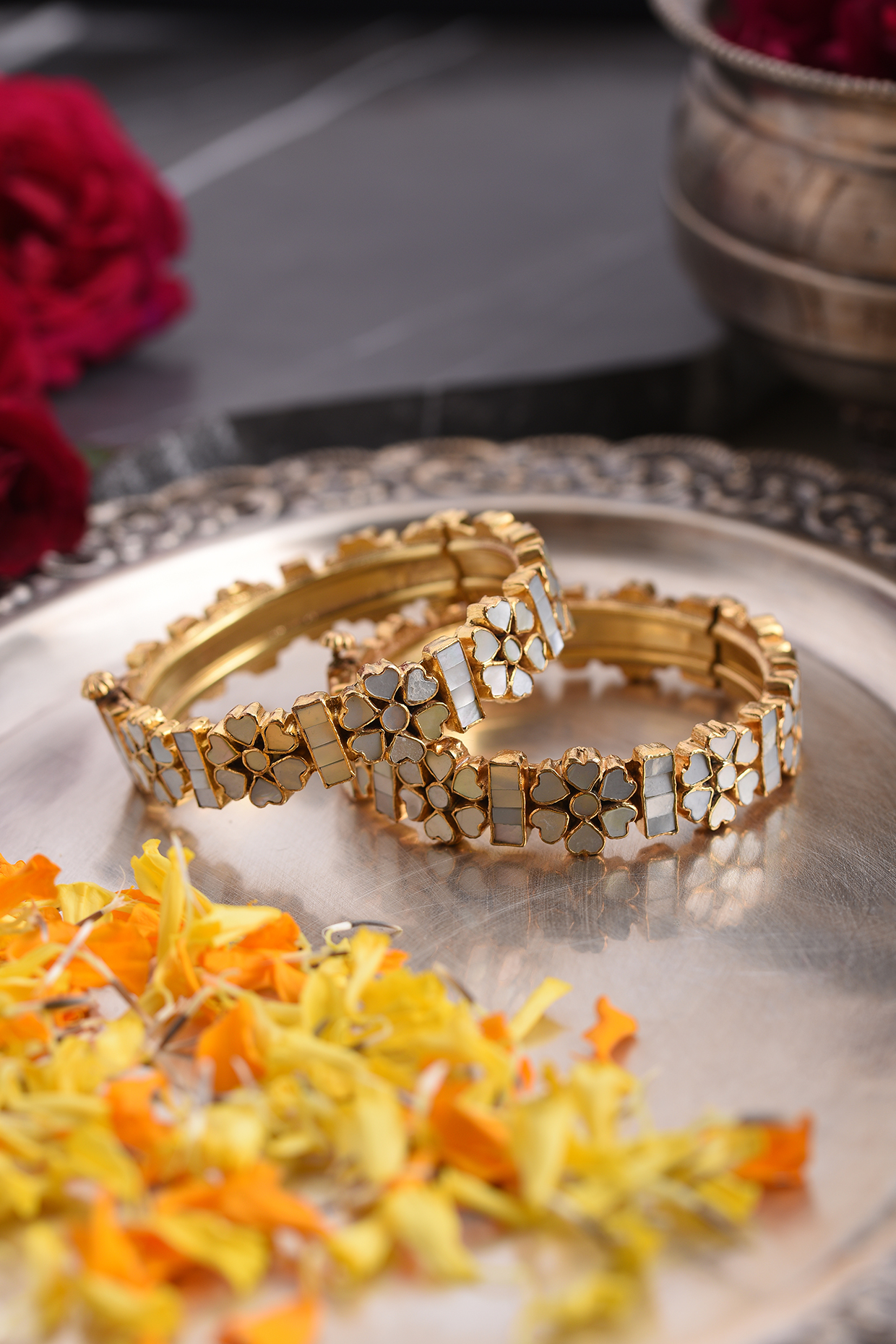 Gold Plated White Stone Bangles (Set Of 2) by Preeti Mohan at Pernia's Pop Up Shop