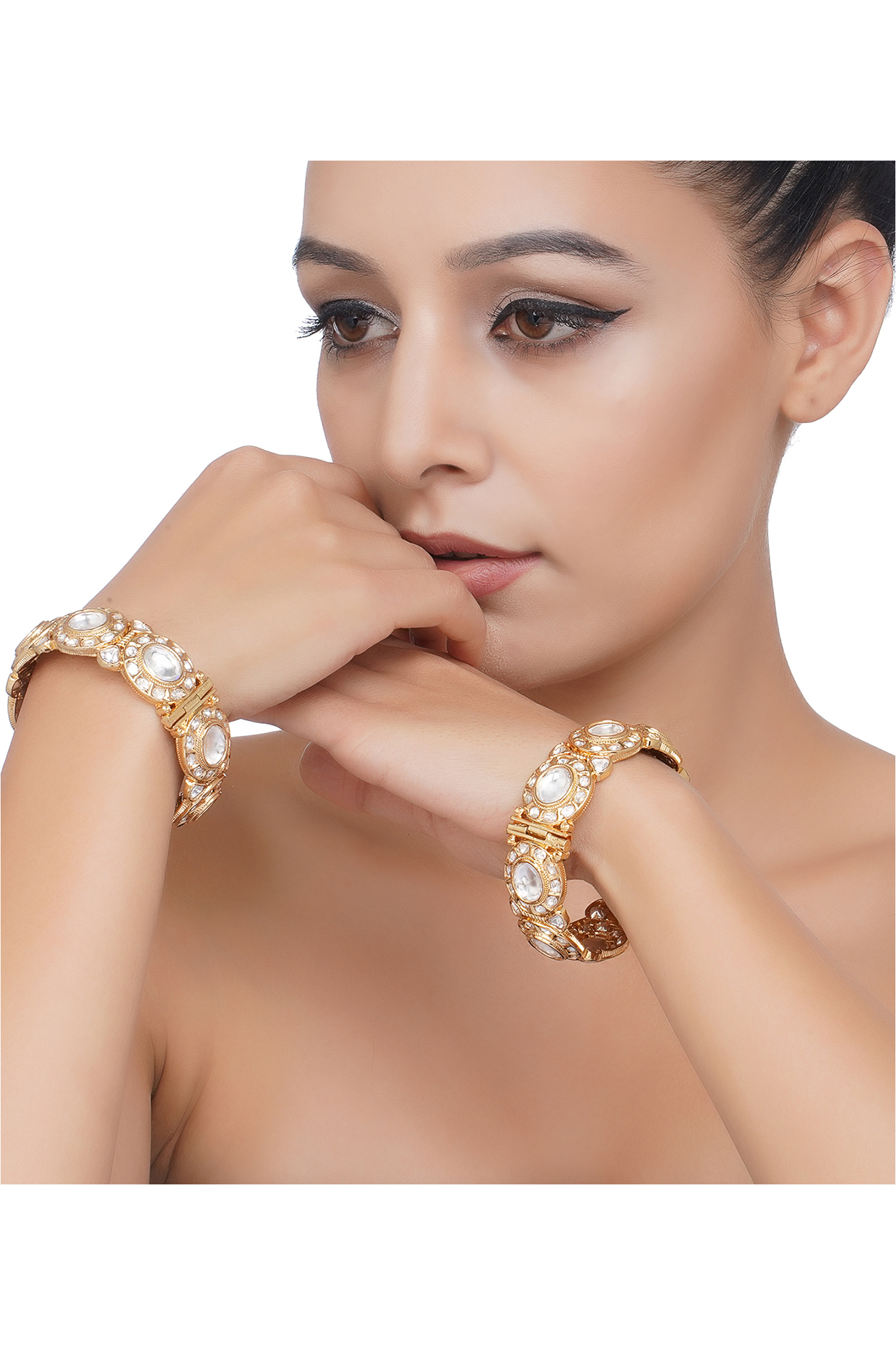 Gold Plated White Stone Bangles (Set Of 2) by Preeti Mohan at Pernia's Pop Up Shop
