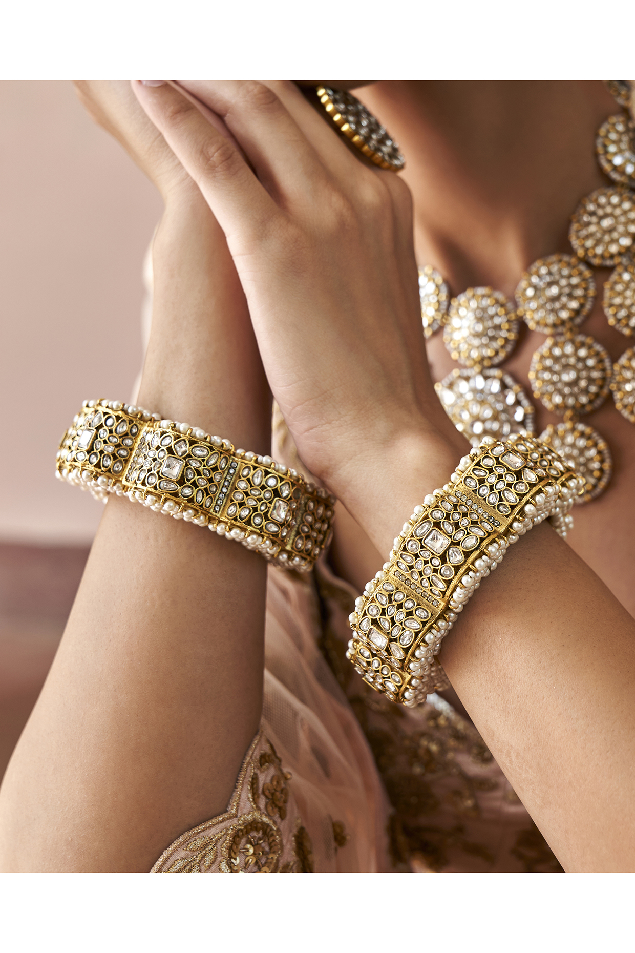 Gold Plated White Stone Bangles (Set Of 2) by Preeti Mohan at Pernia's Pop Up Shop