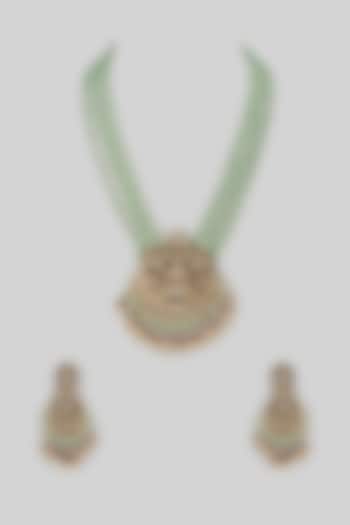 Gold Finish Mint Kundan Polki Long Pendant Necklace Set by Preeti Mohan at Pernia's Pop Up Shop