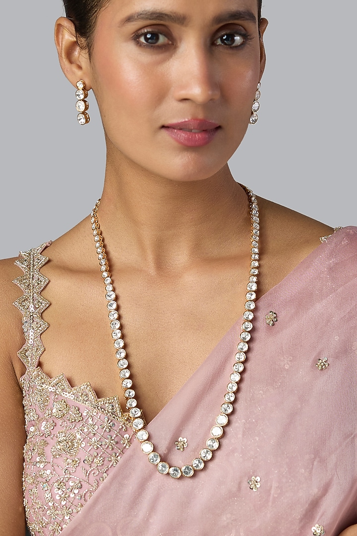 Gold Finish Kundan Polki Long Necklace Set by Preeti Mohan at Pernia's Pop Up Shop