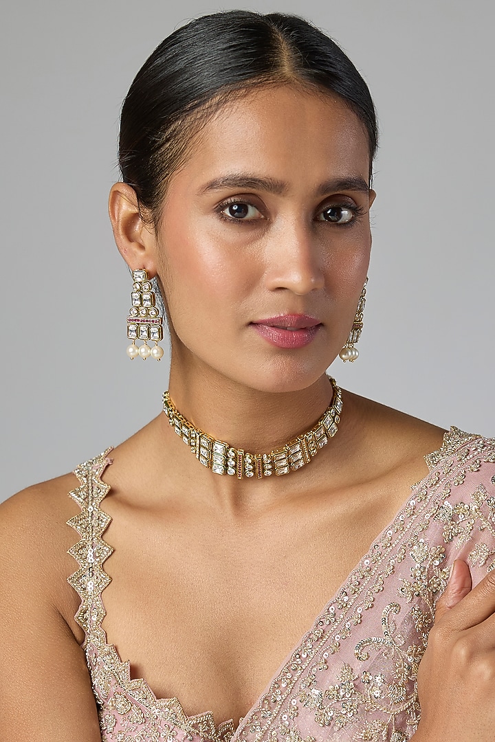 Gold Finish Kundan Polki Choker Necklace Set by Preeti Mohan at Pernia's Pop Up Shop