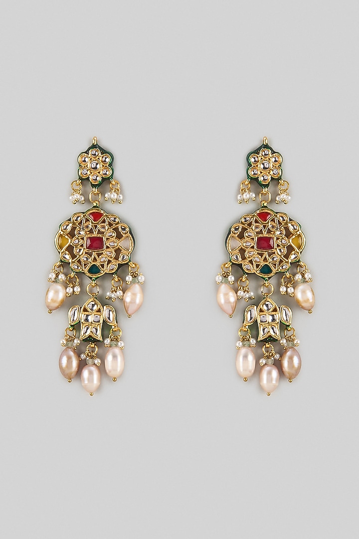 Gold Finish Brass Dangler Earrings by Preeti Mohan at Pernia's Pop Up Shop