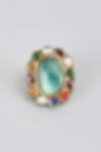 Gold Finish Navratna Kundan Polki Ring by Preeti Mohan at Pernia's Pop Up Shop