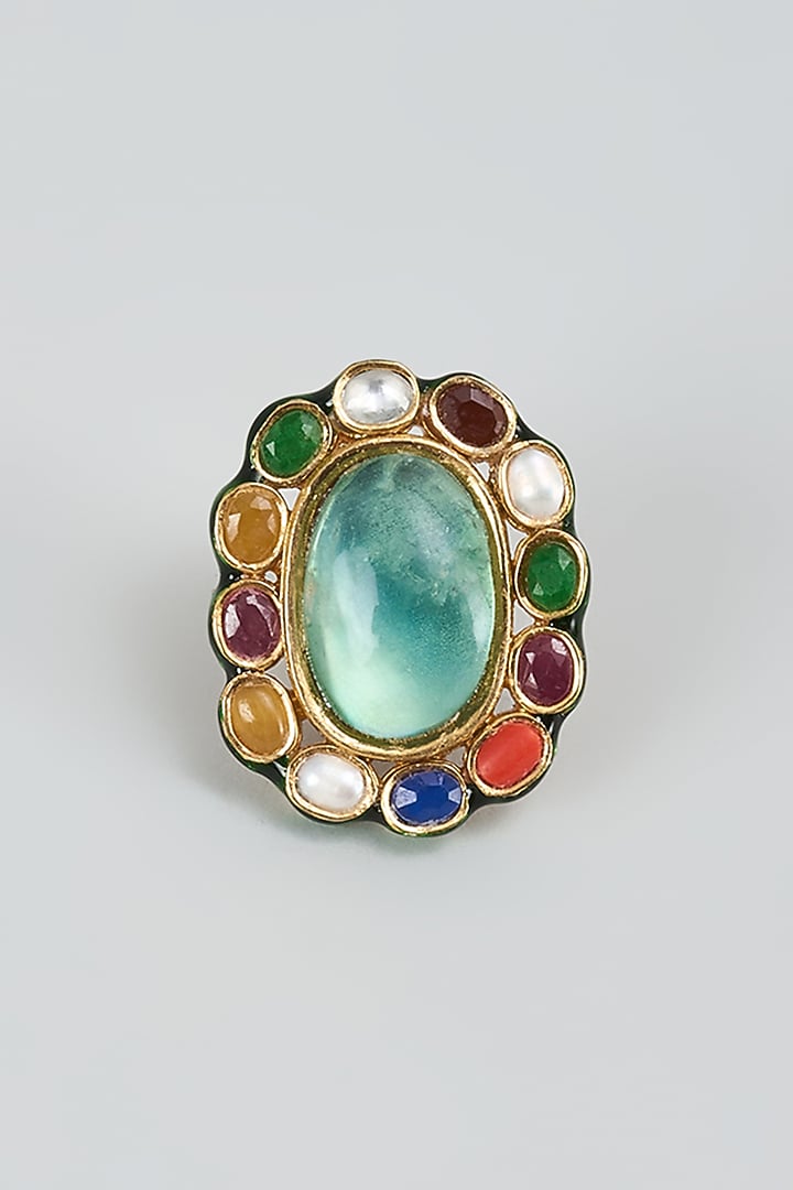 Gold Finish Navratna Kundan Polki Ring by Preeti Mohan at Pernia's Pop Up Shop