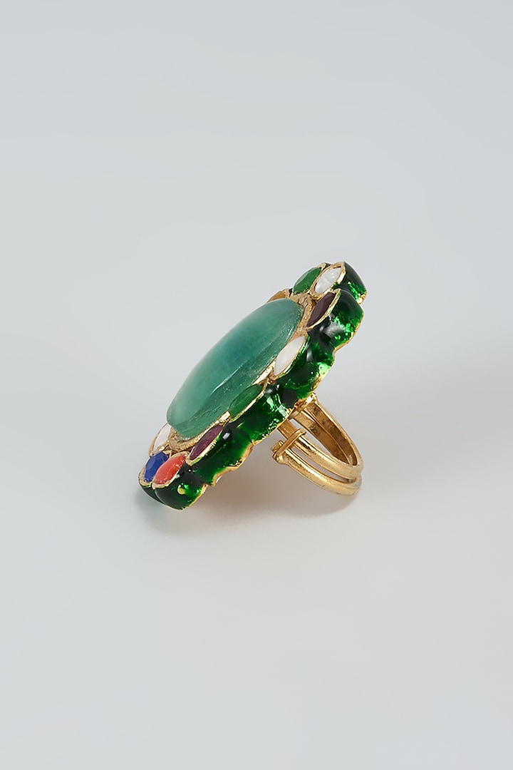Gold Finish Navratna Kundan Polki Ring by Preeti Mohan at Pernia's Pop Up Shop