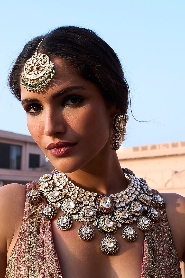 Gold Plated Green Onyx & Pearl Necklace Set by Preeti Mohan at Pernia's Pop Up Shop