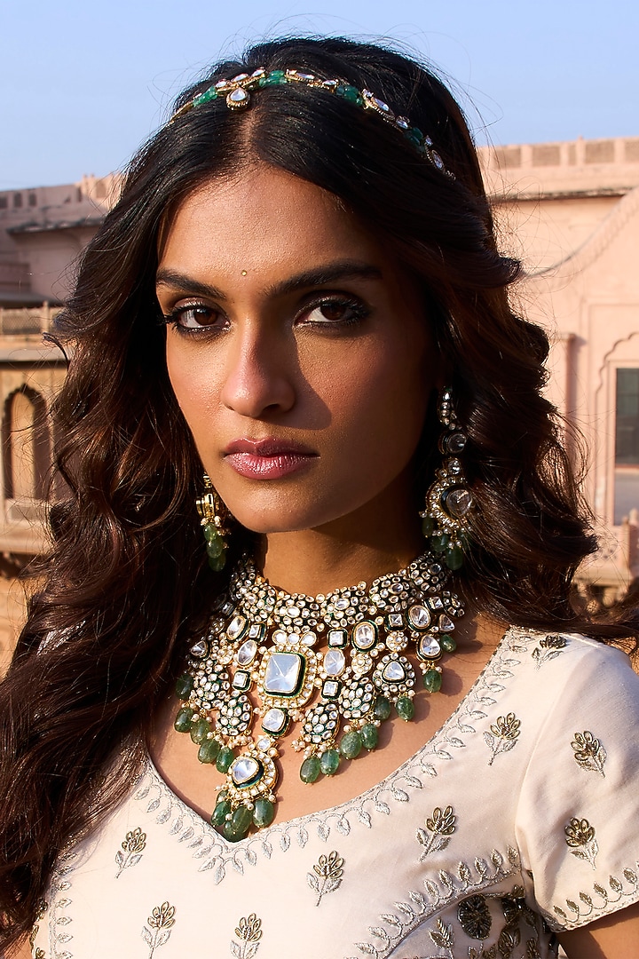 Gold Plated Green Fluorite Stone Necklace Set by Preeti Mohan at Pernia's Pop Up Shop