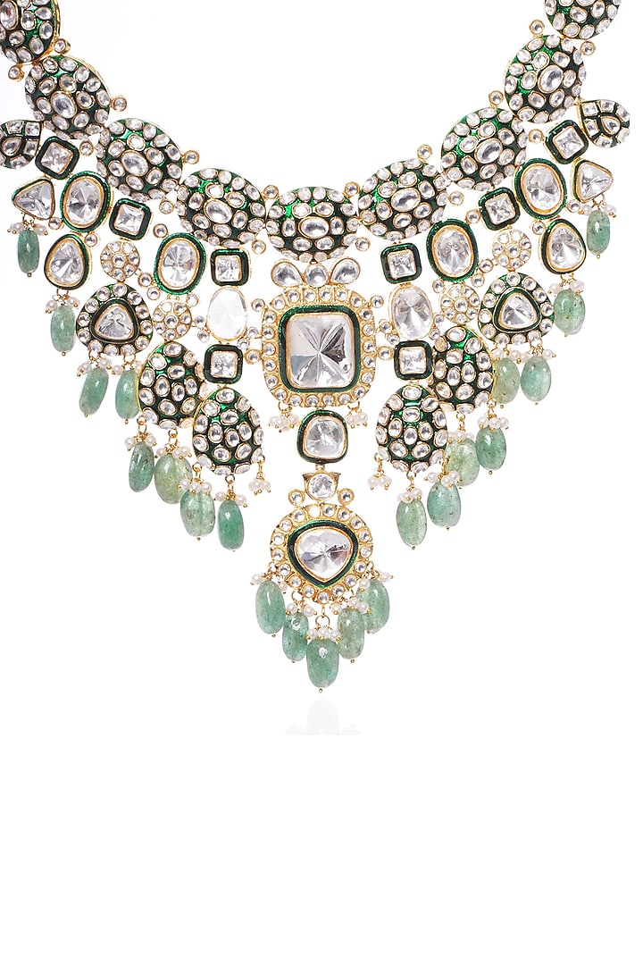 Gold Plated Green Fluorite Stone Necklace Set by Preeti Mohan at Pernia's Pop Up Shop
