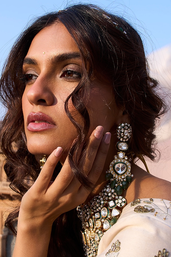 Gold Plated Green Fluorite Stone Necklace Set by Preeti Mohan at Pernia's Pop Up Shop