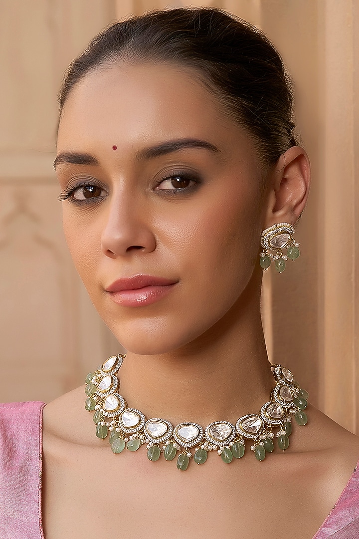 Gold Plated Green Onyx & Pearl Choker Necklace Set by Preeti Mohan at Pernia's Pop Up Shop