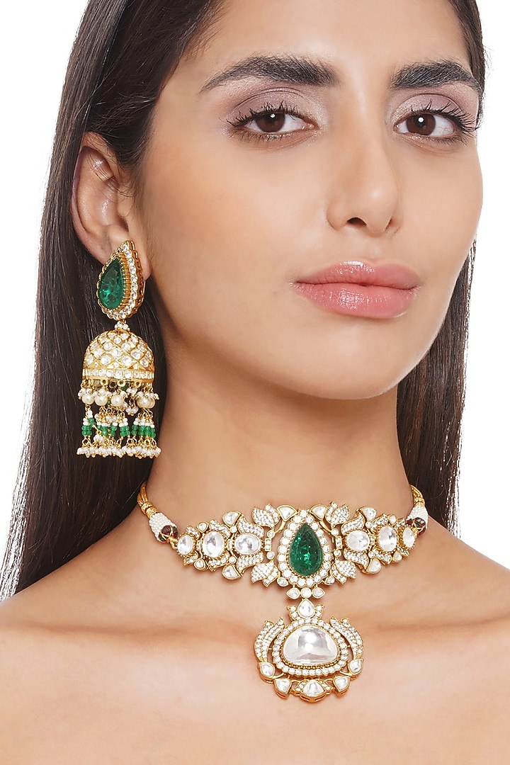 Gold Plated Green Onyx Choker Necklace Set by Preeti Mohan at Pernia's Pop Up Shop