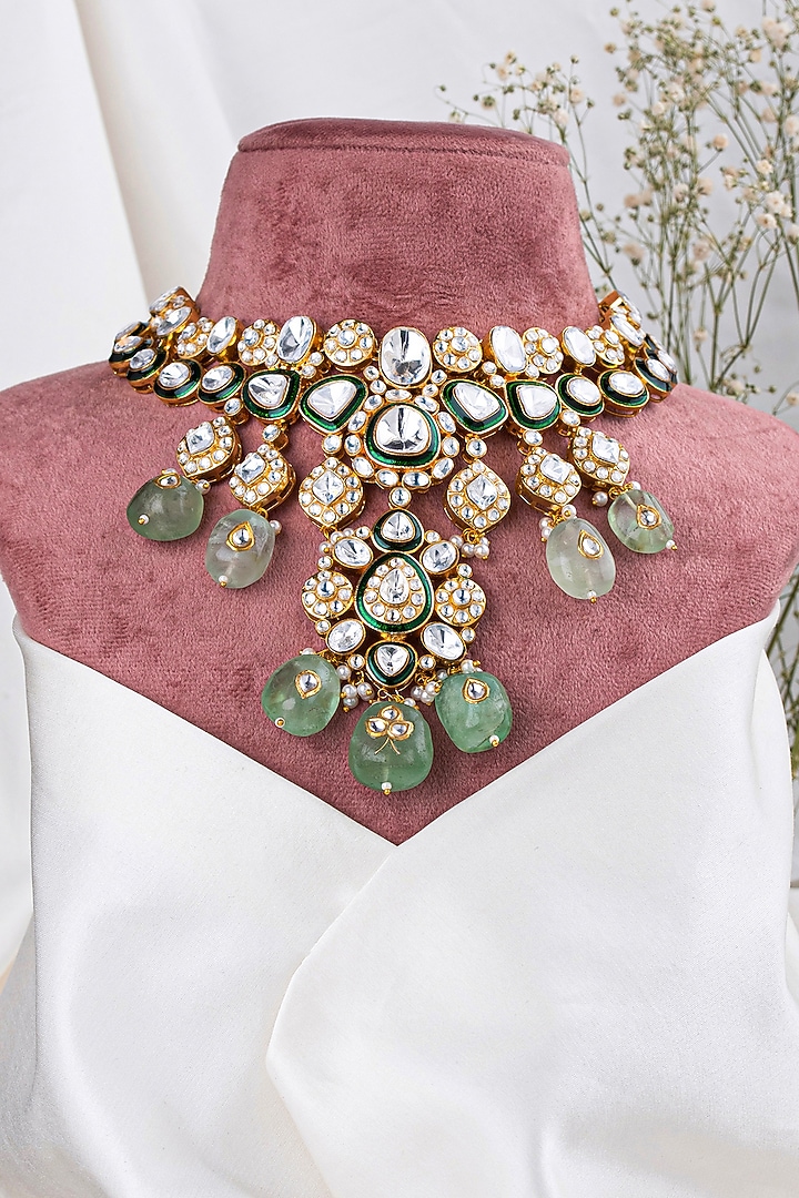 Gold Plated Green Onyx & Pearl Necklace Set by Preeti Mohan at Pernia's Pop Up Shop