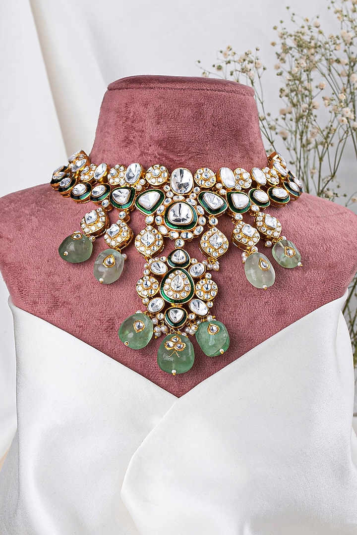 Gold Plated Green Onyx & Pearl Necklace Set by Preeti Mohan at Pernia's Pop Up Shop