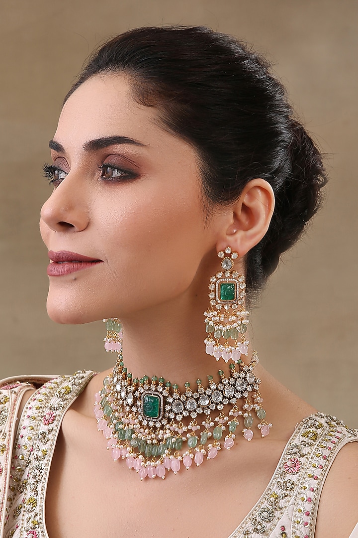 Gold Plated Green Onyx & Rose Quartz Necklace Set by Preeti Mohan at Pernia's Pop Up Shop