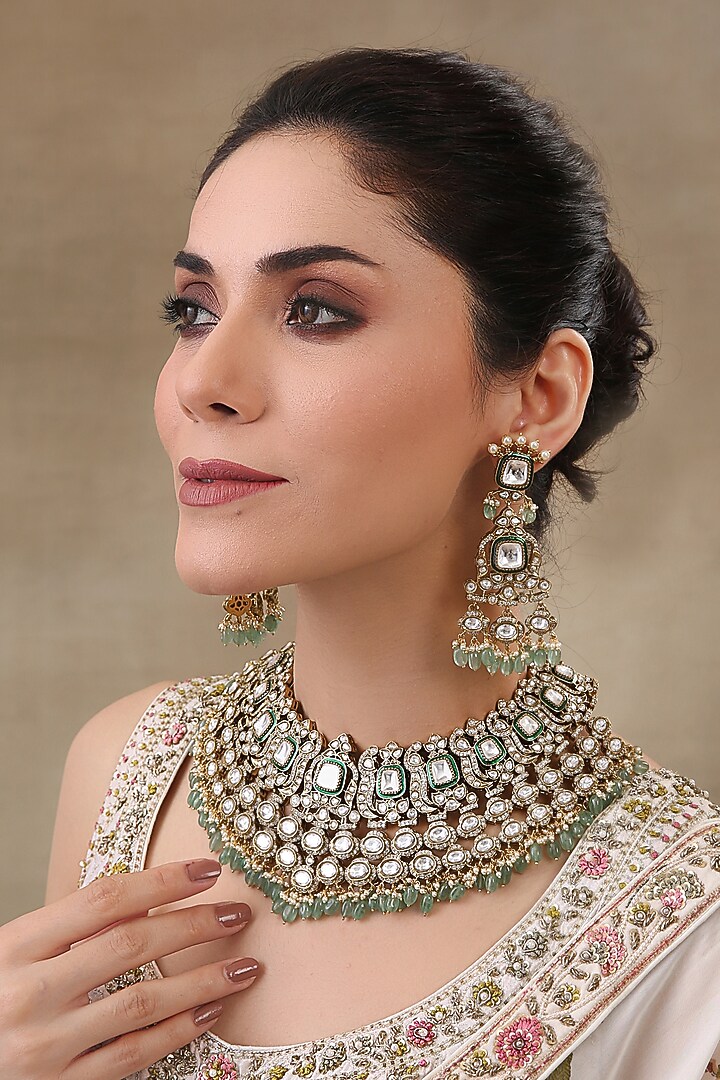 Gold Plated Green Onyx & Pearl Necklace Set by Preeti Mohan at Pernia's Pop Up Shop