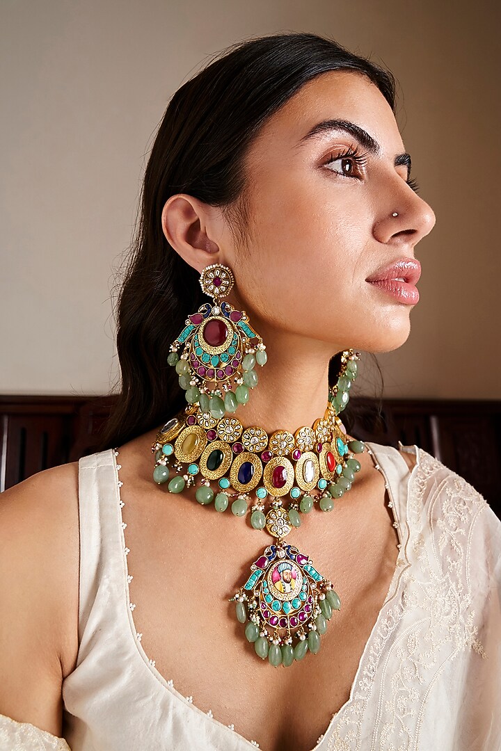 Gold Plated Multi-Colored Fluorite Stone Necklace Set by Preeti Mohan at Pernia's Pop Up Shop