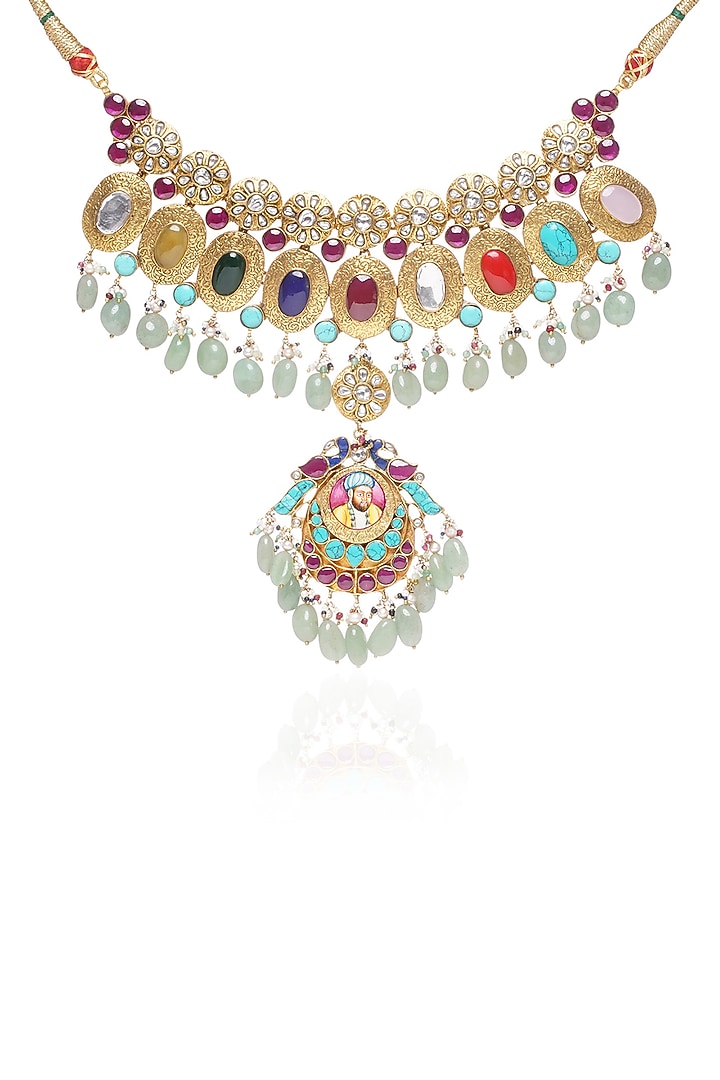 Gold Plated Multi-Colored Fluorite Stone Necklace Set by Preeti Mohan at Pernia's Pop Up Shop