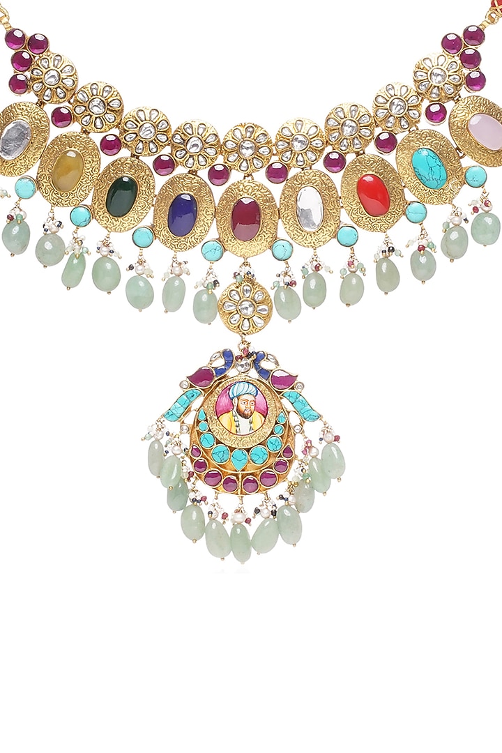 Gold Plated Multi-Colored Fluorite Stone Necklace Set by Preeti Mohan at Pernia's Pop Up Shop