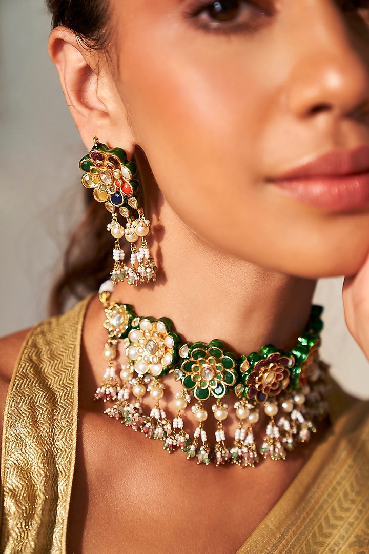 Gold Plated Green Onyx & Pearl Choker Necklace Set by Preeti Mohan at Pernia's Pop Up Shop