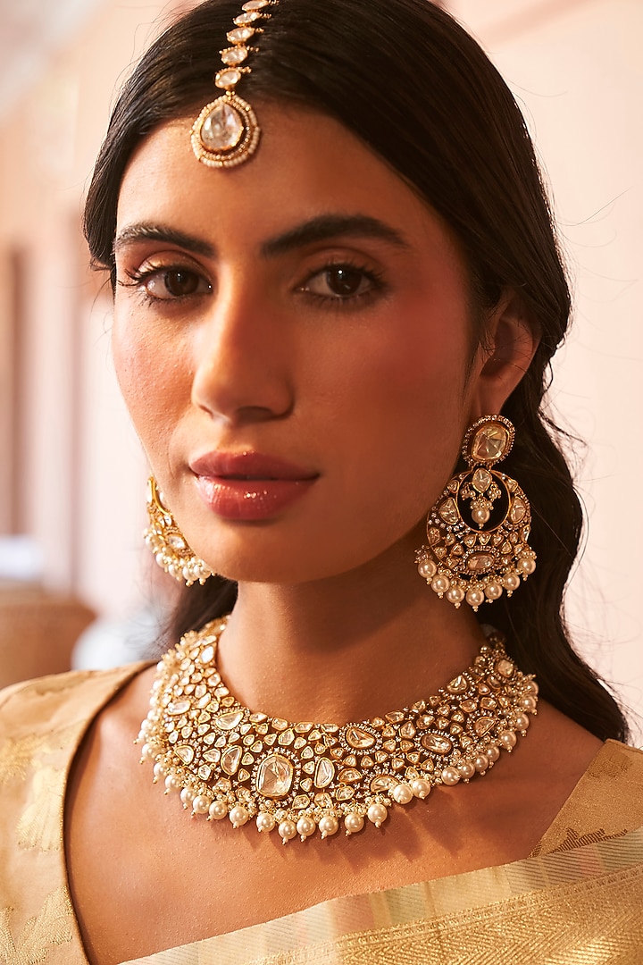 Gold Plated White Pearl Necklace Set by Preeti Mohan at Pernia's Pop Up Shop