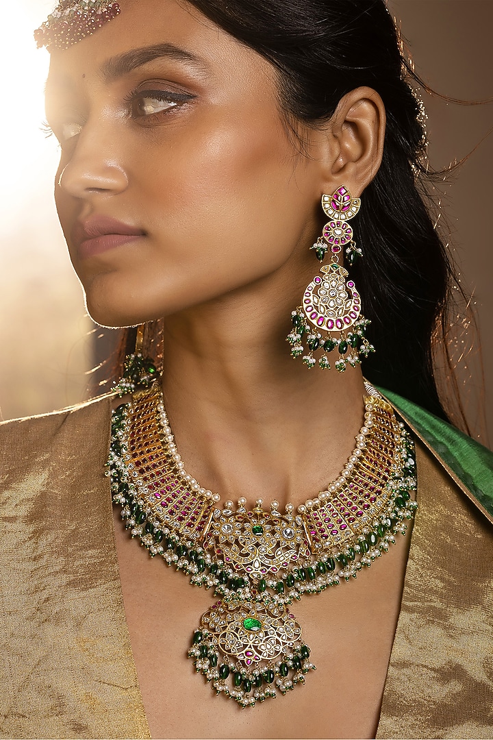 Gold Plated Green Onyx & Pearl Necklace Set by Preeti Mohan at Pernia's Pop Up Shop