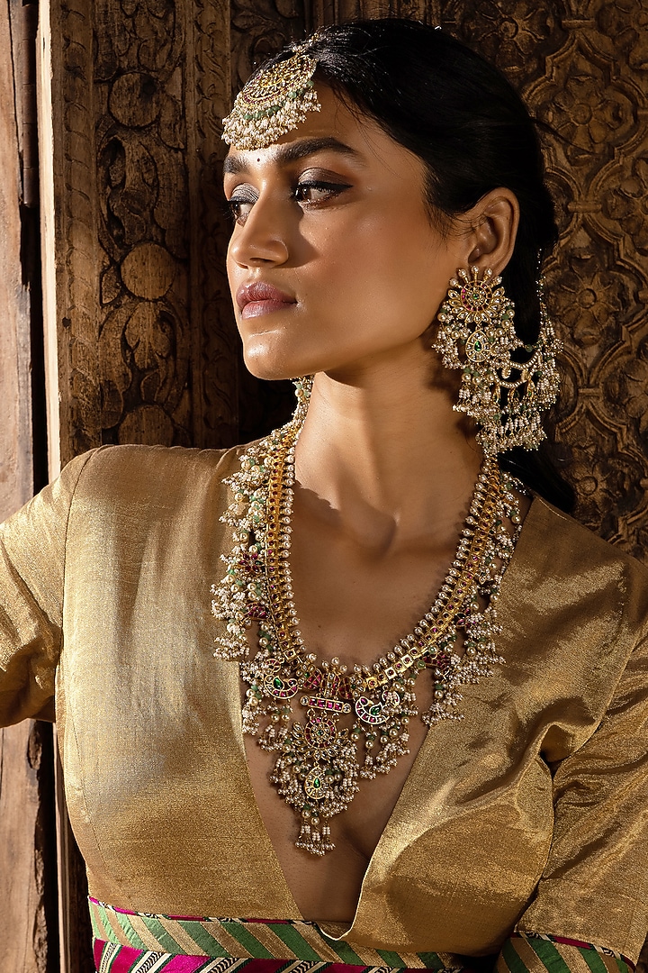 Gold Plated Green Onyx & Pearl Long Necklace Set by Preeti Mohan at Pernia's Pop Up Shop