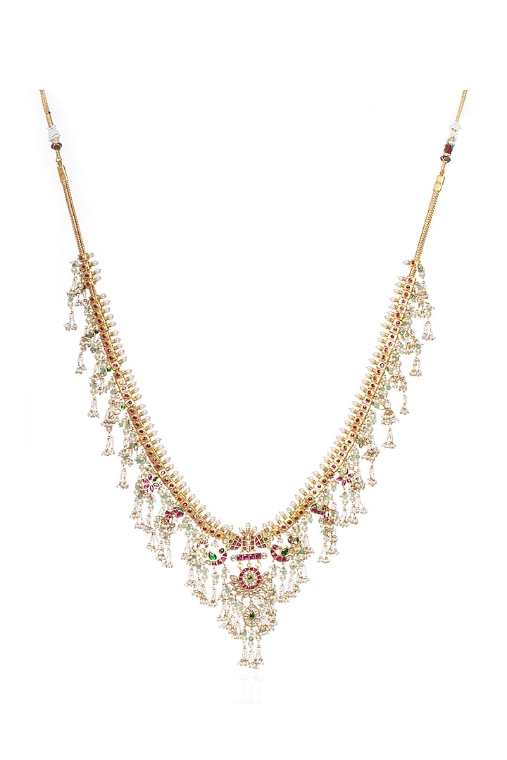 Gold Plated Green Onyx & Pearl Long Necklace Set by Preeti Mohan at Pernia's Pop Up Shop