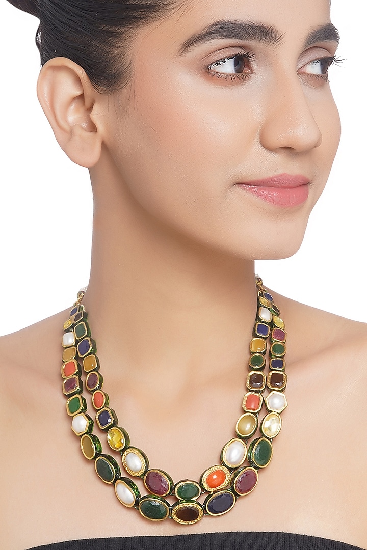Gold Plated Navratna Stone Necklace Set by Preeti Mohan at Pernia's Pop Up Shop