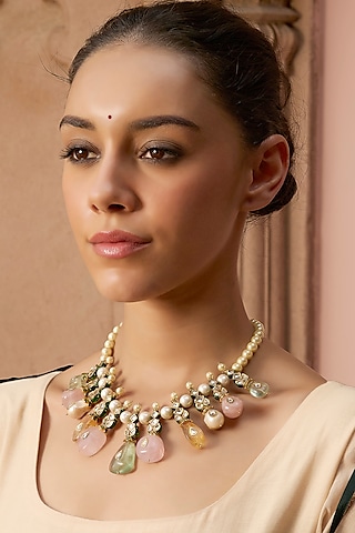 Gold Plated Navratna Stone Necklace by Preeti Mohan