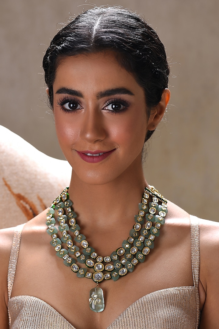 Gold Plated Mint Fluorite Stone Necklace Set by Preeti Mohan at Pernia's Pop Up Shop