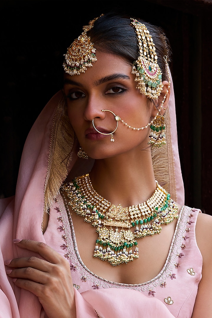 Gold Plated Green Onyx & Pearl Necklace Set by Preeti Mohan at Pernia's Pop Up Shop