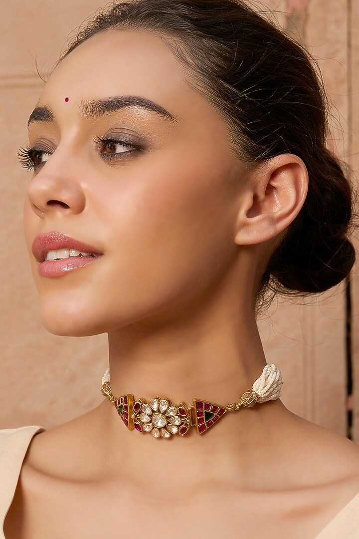 Gold Plated Red & Green Onyx Necklace Set by Preeti Mohan at Pernia's Pop Up Shop