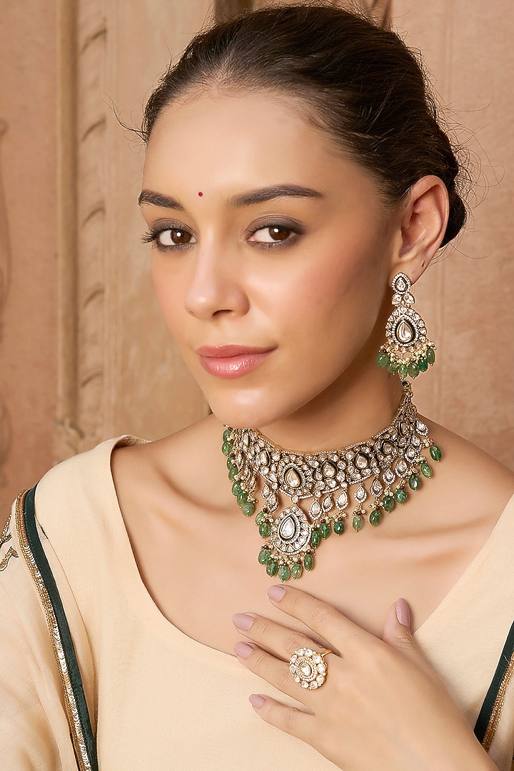Gold Plated Green Onyx & Pearl Necklace Set by Preeti Mohan at Pernia's Pop Up Shop