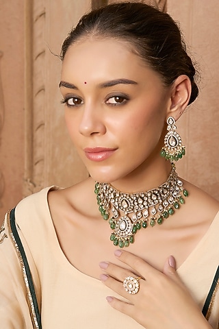 Gold Plated Green Onyx & Pearl Necklace Set by Preeti Mohan