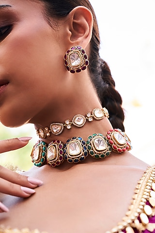 Gold Plated Navratna Stone Choker Necklace Set by Preeti Mohan