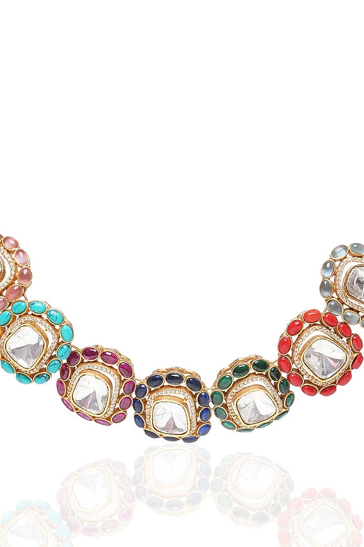 Gold Plated Navratna Stone Choker Necklace Set by Preeti Mohan at Pernia's Pop Up Shop