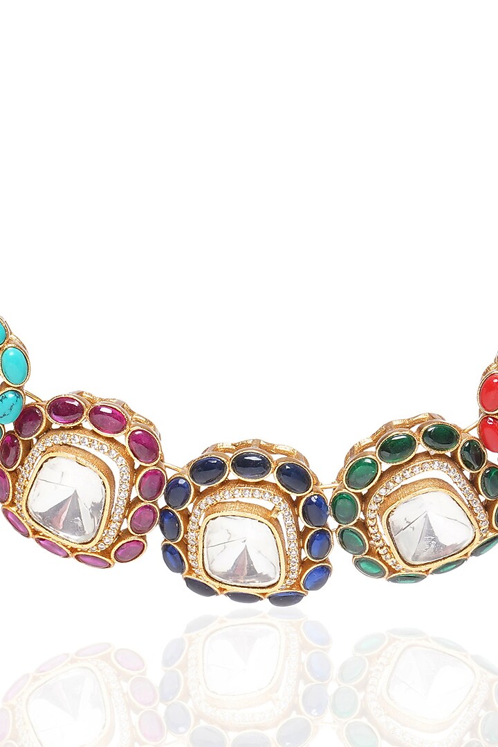 Gold Plated Navratna Stone Choker Necklace Set by Preeti Mohan at Pernia's Pop Up Shop