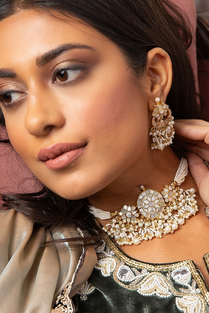 Gold Plated Pearl Choker Necklace Set by Preeti Mohan at Pernia's Pop Up Shop