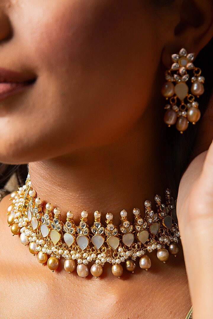 Gold Plated Pearl Choker Necklace Set by Preeti Mohan at Pernia's Pop Up Shop