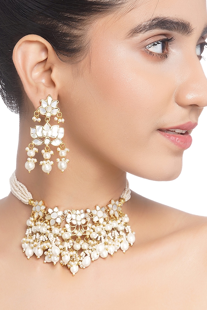 Gold Plated Green Onyx & Pearl Choker Necklace Set by Preeti Mohan at Pernia's Pop Up Shop