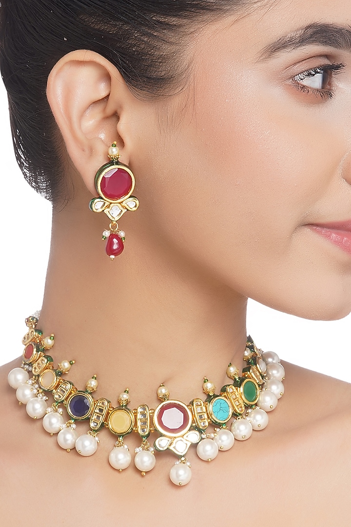 Gold Plated Green Onyx & Pearl Necklace Set by Preeti Mohan at Pernia's Pop Up Shop