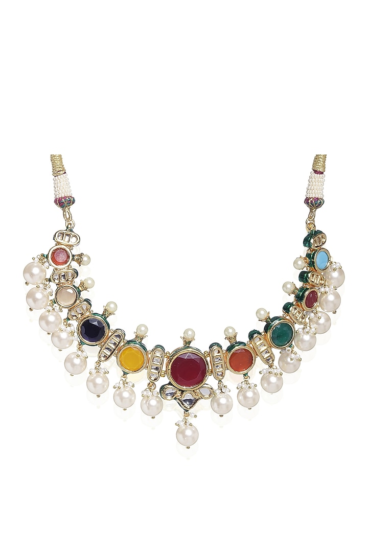 Gold Plated Green Onyx & Pearl Necklace Set by Preeti Mohan at Pernia's Pop Up Shop