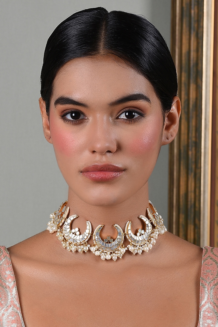 Gold Plated Green Onyx & Pearl Choker Necklace Set by Preeti Mohan at Pernia's Pop Up Shop