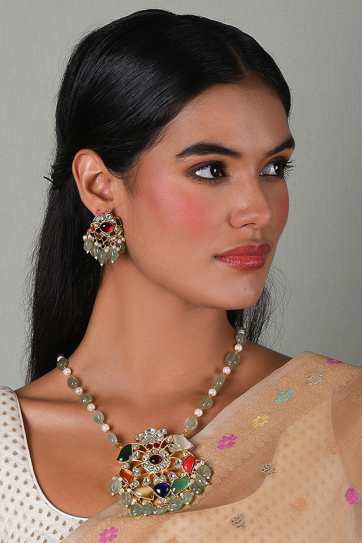 Gold Plated Green Onyx & Pearl Long Necklace Set by Preeti Mohan at Pernia's Pop Up Shop