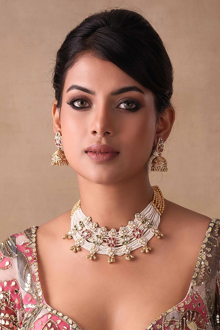 Gold Plated Red & Green Pearl Necklace Set by Preeti Mohan at Pernia's Pop Up Shop