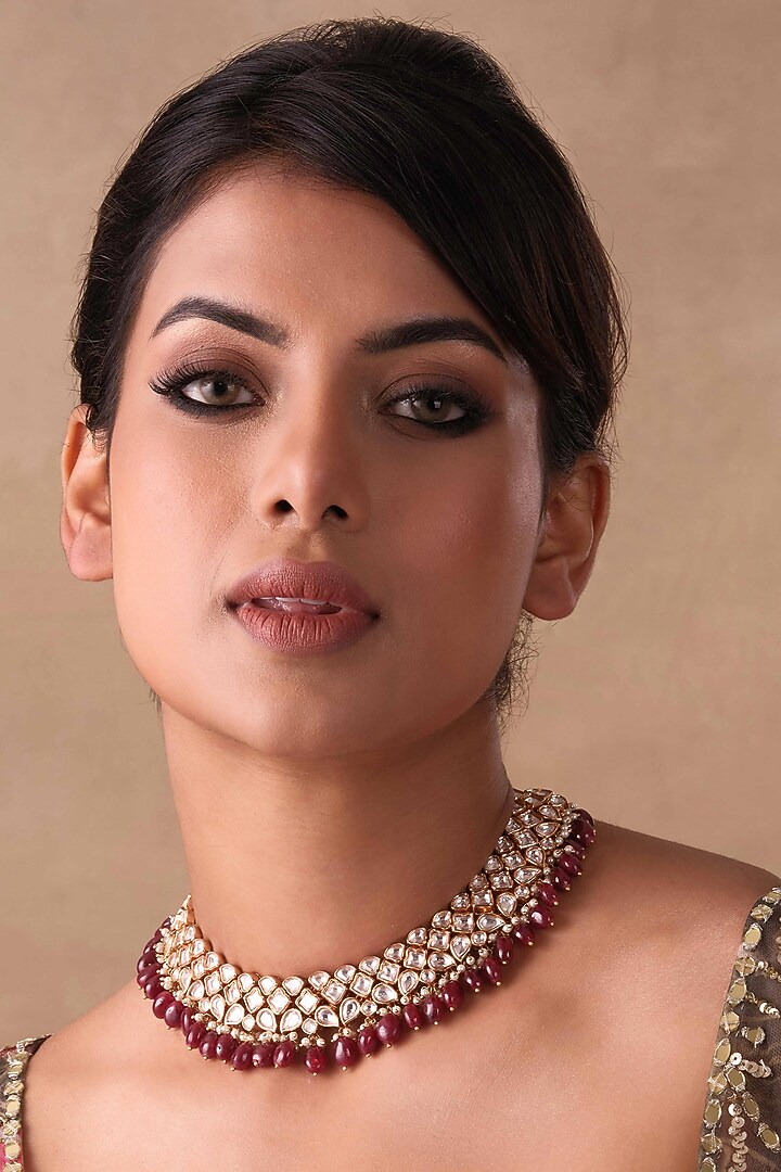 Gold Plated Ruby Necklace Set by Preeti Mohan at Pernia's Pop Up Shop