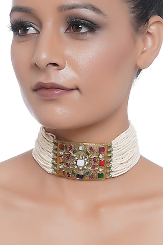 Gold Plated Navratna Stone Choker Necklace by Preeti Mohan
